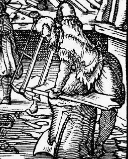 Detail from Standebuch, a woodcut by Jost Amman, 1568 showing a man using a frame saw to cut a plank of wood